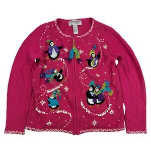 VTG Tiara International Christmas Collection Pink Beaded Sweater Penguin Sz S